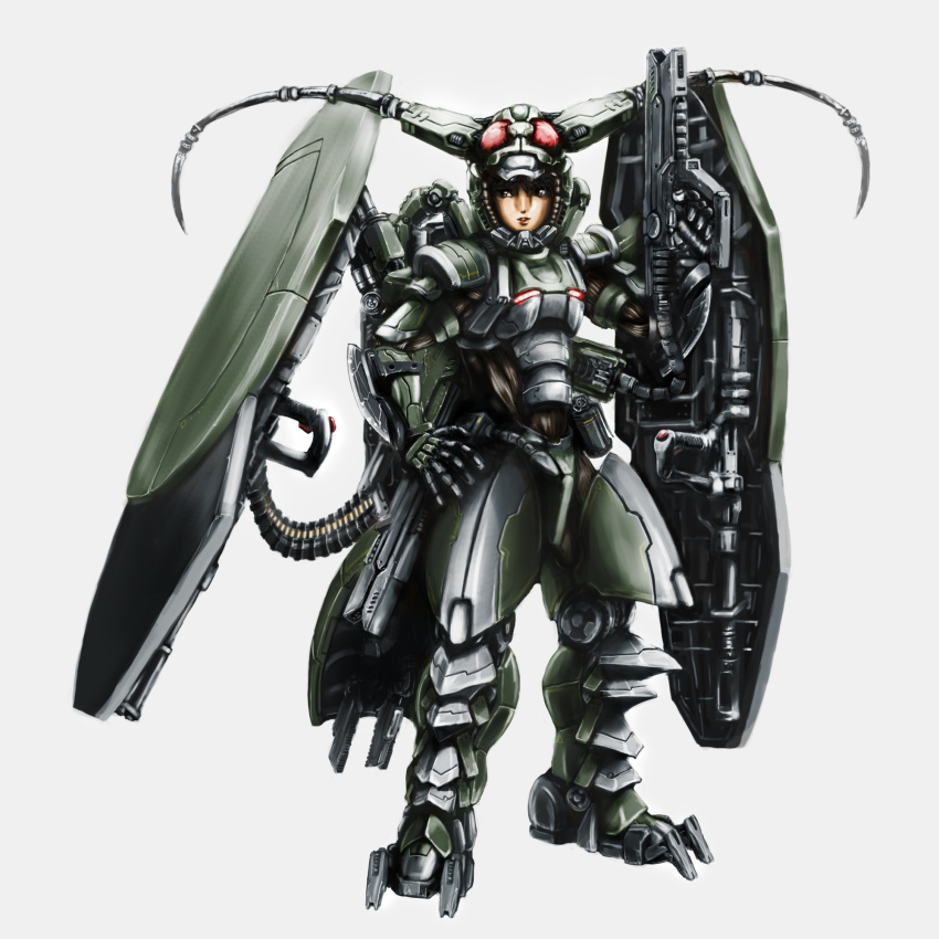 ammunition_belt ammunition_box arm_blade armor brown_eyes brown_hair bug cable commentary_request explosive female finger_on_trigger full_body grasshopper grenade gun hand_on_own_hip highres holding holding_gun holding_weapon legs_apart looking_to_the_side mecha mecha_musume multiple_shields original oyu_(mxqxm) parted_lips power_armor robot shaded_face simple_background solo standing weapon white_background