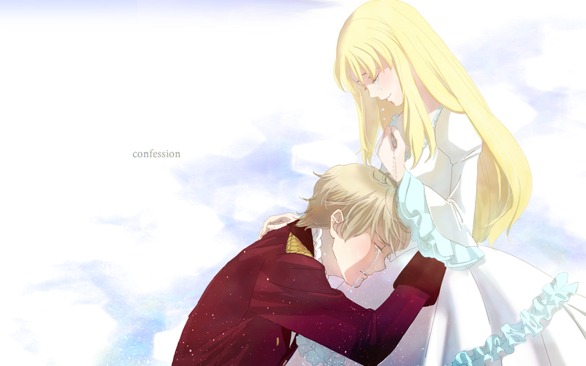 1boy ado002 aldnoah.zero ascot asseylum_vers_allusia blonde_hair commentary_request crying dress epaulettes female hug jacket jewelry long_hair pendant short_hair slaine_troyard smile