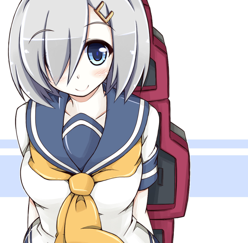 blue_eyes breasts commentary_request eyes_visible_through_hair female grey_hair hair_ornament hair_over_one_eye hairclip hamakaze_(kancolle) kantai_collection large_breasts nanashino_(nanasino101) neckerchief photoshop_(medium) school_uniform serafuku short_hair short_sleeves solo white_hair yellow_neckerchief