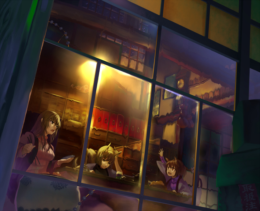 3girls animal_ears arm_up blonde_hair brown_eyes brown_hair cat_ears cat_tail chen chopsticks clock commentary_request cooking food fox_tail from_outside grill grilling hidebo mochi multiple_girls multiple_tails nekomata no_headwear oerba_yun_fang open_mouth sitting smile table tail touhou window yakumo_ran yakumo_yukari yellow_eyes