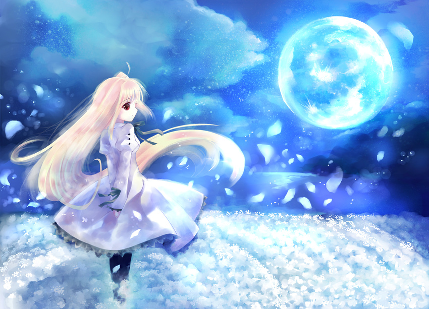 absurdly_long_hair absurdres aged_down ahoge alternate_hair_length alternate_hairstyle arcueid_brunestud arms_behind_back blonde_hair commentary_request dress eco-arc female field flower flower_field full_moon highres long_hair moon night night_sky outdoors pantyhose petals photoshop_(medium) red_eyes shinonome86 sky solo tsukihime very_long_hair