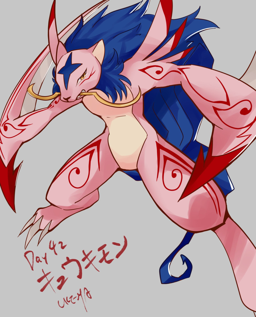 1day1digimon anthro bandai_namco blade_arm blue_hair claws digimon digimon_(species) fur hair hi_res kyukimon pink_body pink_fur solo whiskers yellow_eyes