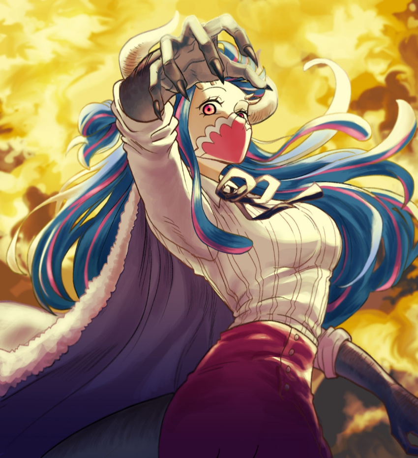 blue_hair breasts dinosaur_girl dinosaur_tail female from_below highres horns living_(pixiv5031111) long_hair long_sleeves looking_at_viewer mask mouth_mask multicolored_hair one_piece outstretched_arm pink_hair solo striped tail two-tone_hair ulti_(one_piece)