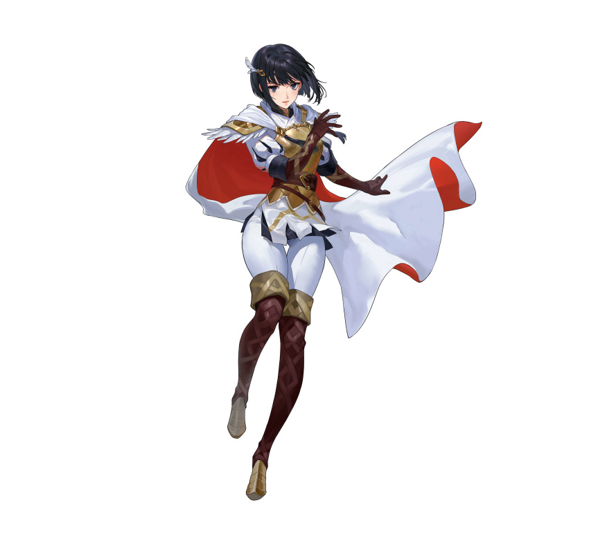 absurdres alternate_costume armor ass_visible_through_thighs belt black_eyes black_hair boots cape closed_mouth commentary ekao elbow_gloves english_commentary feather_trim female fire_emblem fire_emblem:_thracia_776 fire_emblem_heroes full_body gloves hair_ornament highres lips looking_at_viewer official_art olwen_(fire_emblem) olwen_(resplendent)_(fire_emblem) pants pelvic_curtain puffy_sleeves red_lips short_hair shoulder_armor simple_background skin_tight solo striped thigh_boots thigh_gap thighhighs vertical_stripes white_background white_pants