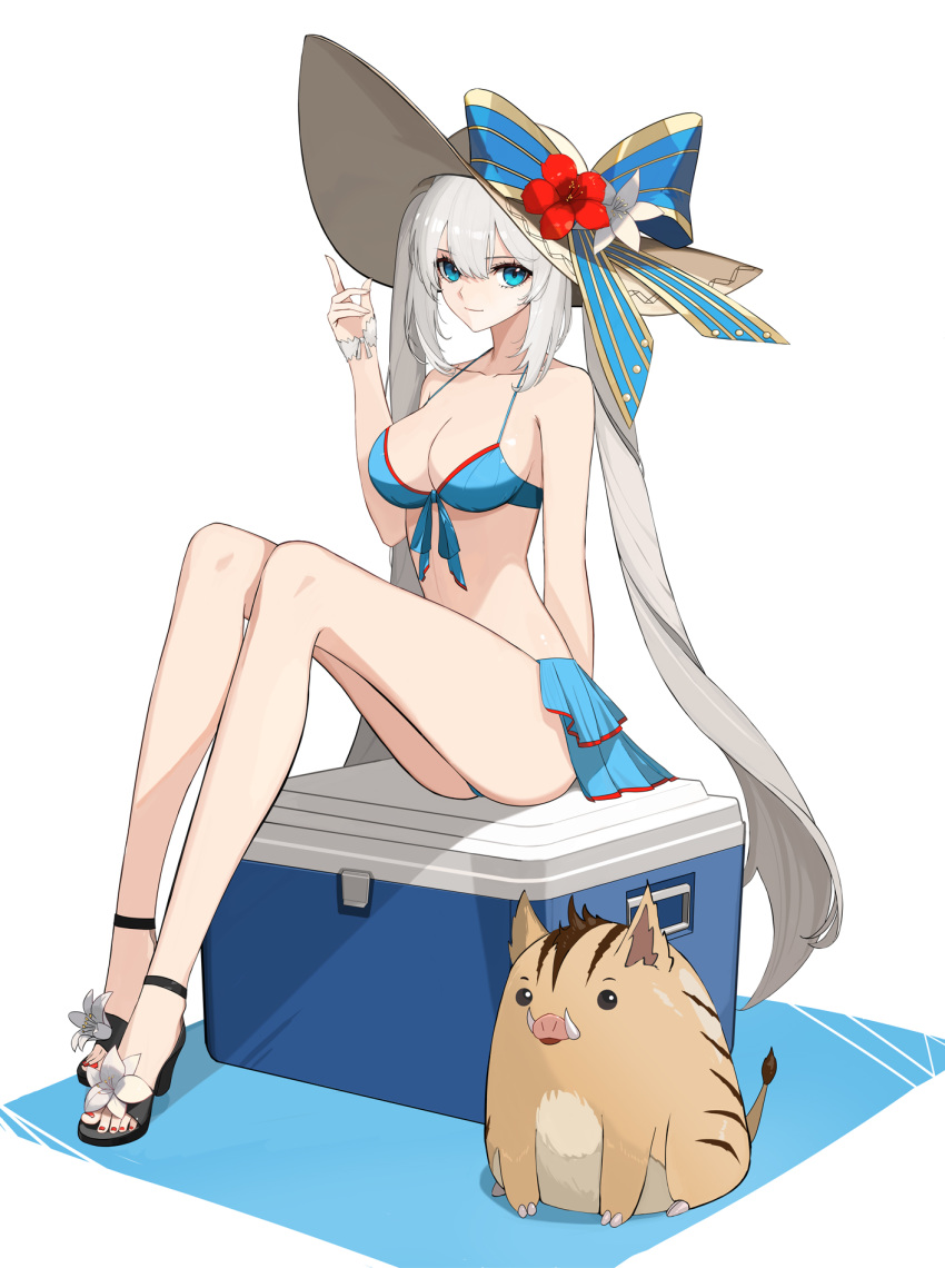 animal bikini blue_bikini blue_eyes boar bow box breasts cleavage collarbone commentary fate/grand_order fate_(series) female flower hat hat_bow hat_flower high_heels highres index_finger_raised legs long_hair long_legs looking_at_viewer marie_antoinette_(fate) marie_antoinette_(swimsuit_caster)_(fate) marie_antoinette_(swimsuit_caster)_(third_ascension)_(fate) nail_polish photoshop_(medium) red_nails rikui_(rella2930) sandals sitting smile solo sun_hat swimsuit toenail_polish toenails toes twintails very_long_hair white_background white_hair