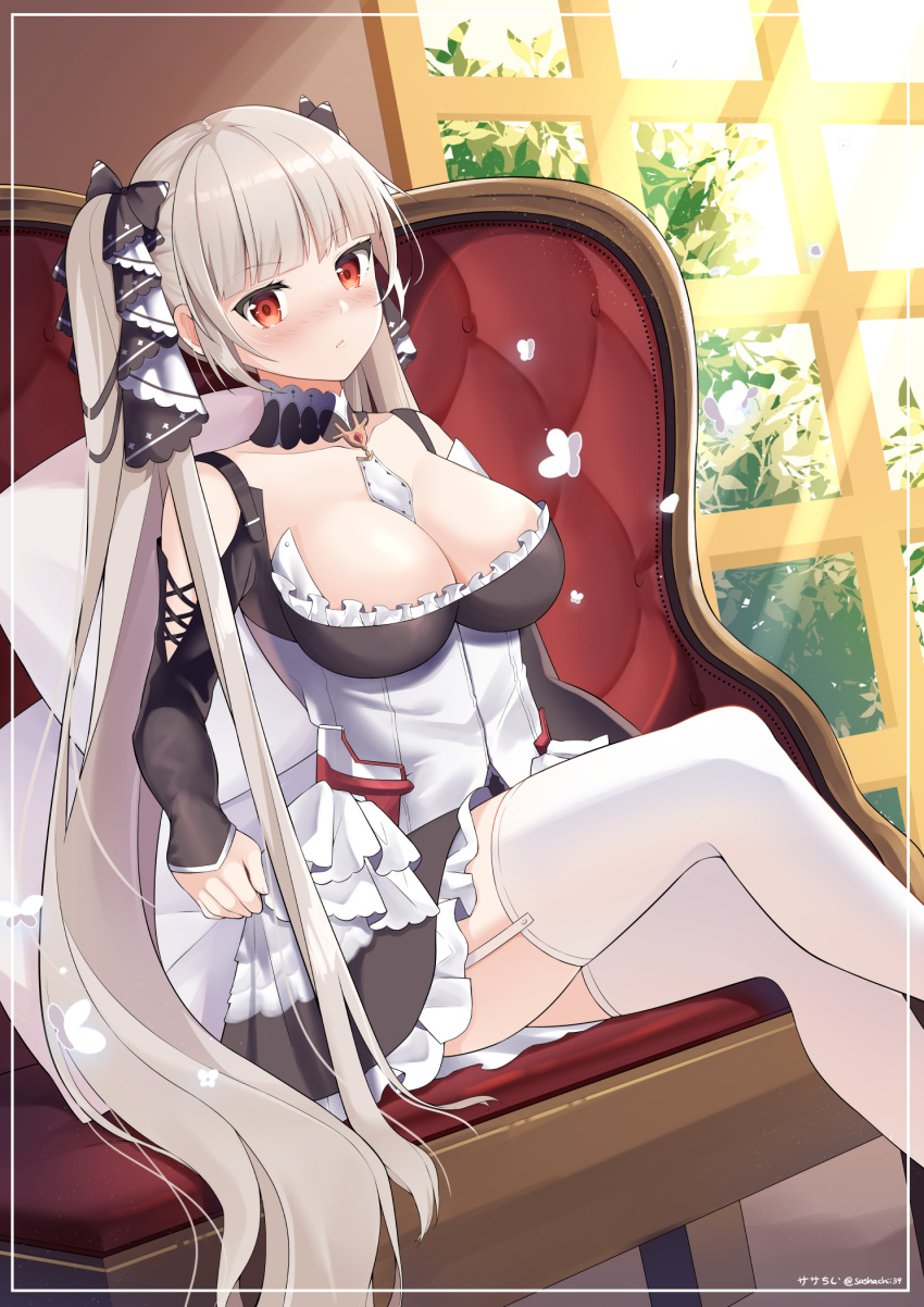 azur_lane between_breasts blush bow breasts chair cleavage closed_mouth collarbone commentary day detached_collar dress female formidable_(azur_lane) framed frilled_dress frills garter_straps grey_hair hairbow highres large_breasts light_rays long_hair long_sleeves looking_at_viewer maid nose_blush red_eyes sasha_chii sidelocks sitting solo sunbeam sunlight thighhighs twintails very_long_hair white_thighhighs window