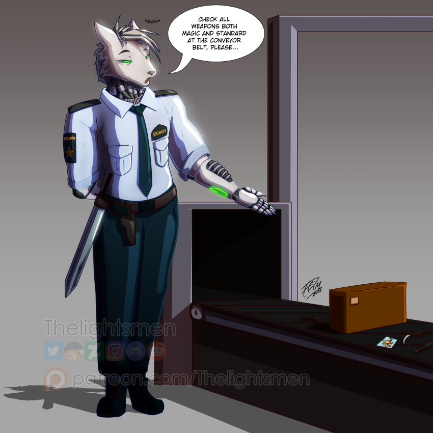 1:1 anthro canid canine canis clothing conditional_dnp cybernetic_arm cybernetic_eye cybernetic_limb cybernetics cyborg dialogue digital_media_(artwork) english_text hair hands_behind_back hi_res machine male mammal melee_weapon metal_detector muscular muscular_male necktie officer police police_uniform scanner security security_guard solo speech_bubble standing sword text thelightsmen tired_eyes uniform weapon wolf