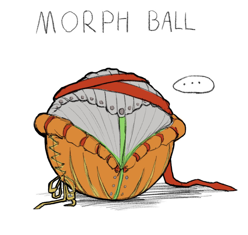 ... ball commentary english_text female full_body highres jason_kim medieval metroid morph_ball ribbon samus_aran simple_background solo spoken_ellipsis white_background yellow_ribbon