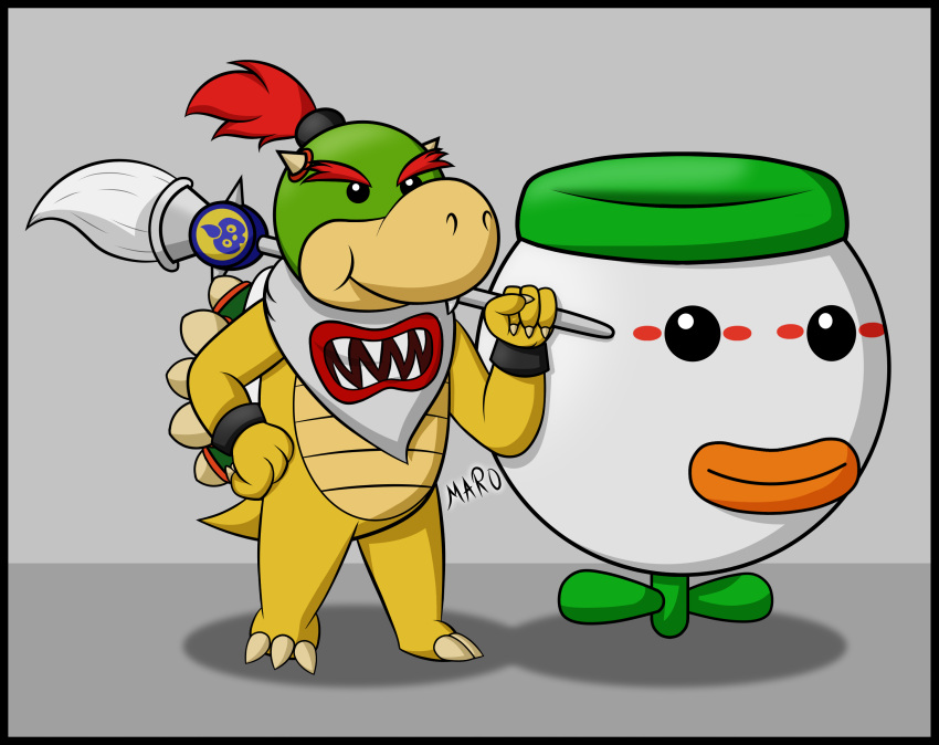 black_border border bowser_jr. digital_media_(artwork) hi_res koopa koopa_clown_car male mario_bros marothedarkrabbit_(artist) nintendo scalie simple_background smile solo young