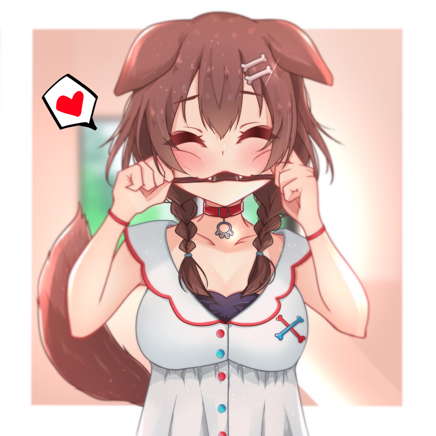 :3 absurdres animal_collar animal_ears beef_jerky biting blush bone_hair_ornament braid brown_hair cartoon_bone chewing choker closed_eyes collar collarbone commentary dog_ears dog_girl dog_tail dress eyelashes fangs female hair_ornament hairclip highres hololive inugami_korone inugami_korone_(1st_costume) long_hair low_twin_braids paw_ornament smile solo tail temari_maco twin_braids virtual_youtuber w_arms white_dress