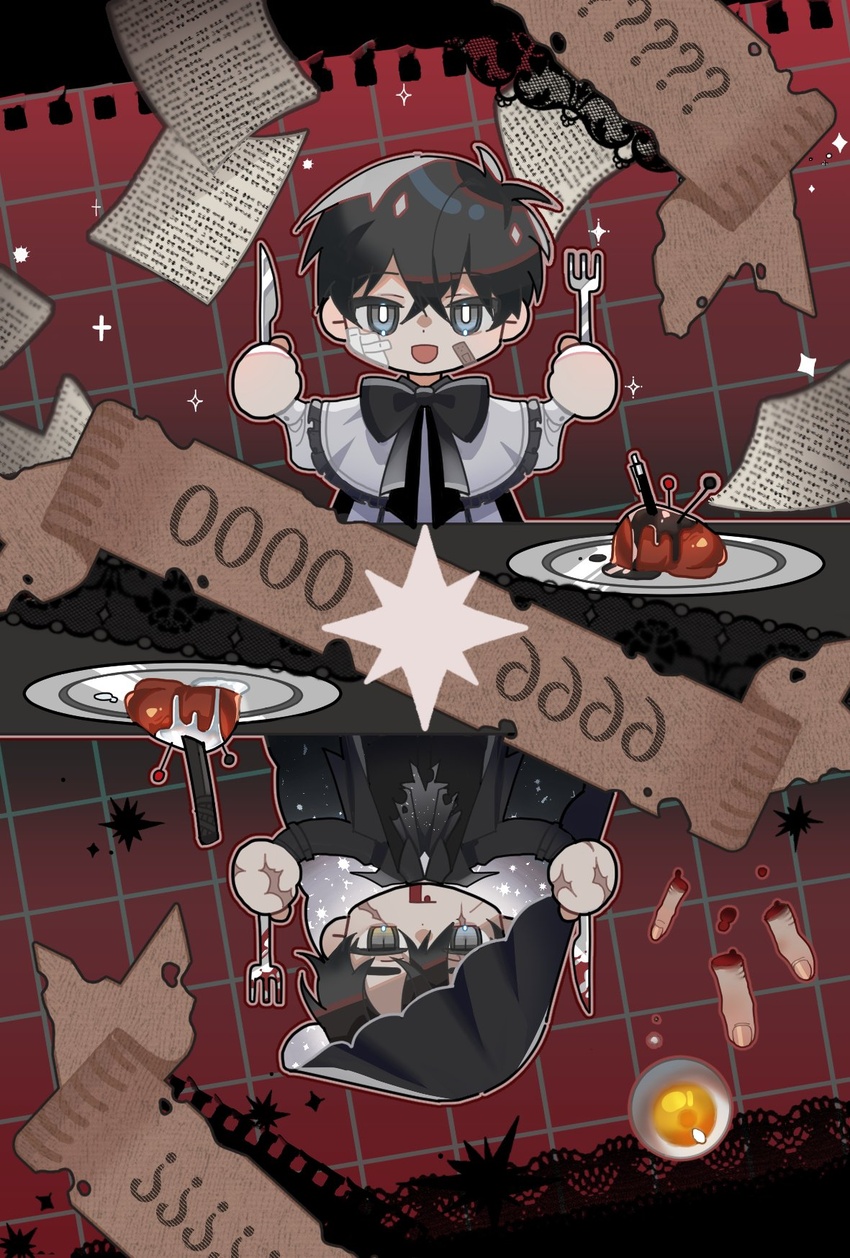 2boys 999_mandu ? ?? bandaid bandaid_on_cheek bandaid_on_face black_bow black_hair black_shirt blood blood_from_mouth blood_on_knife bow bright_pupils chibi closed_mouth commentary_request eyeball fork grey_eyes grid_background hair_between_eyes hands_up highres holding holding_fork holding_knife hood hood_up kim_dokja knife korean_commentary long_sleeves looking_at_viewer male_focus multiple_boys omniscient_reader's_viewpoint open_mouth paper plate red_background scar scar_on_face scar_on_hand severed_finger shirt short_hair smile table upper_body white_pupils white_shirt yoo_joonghyuk