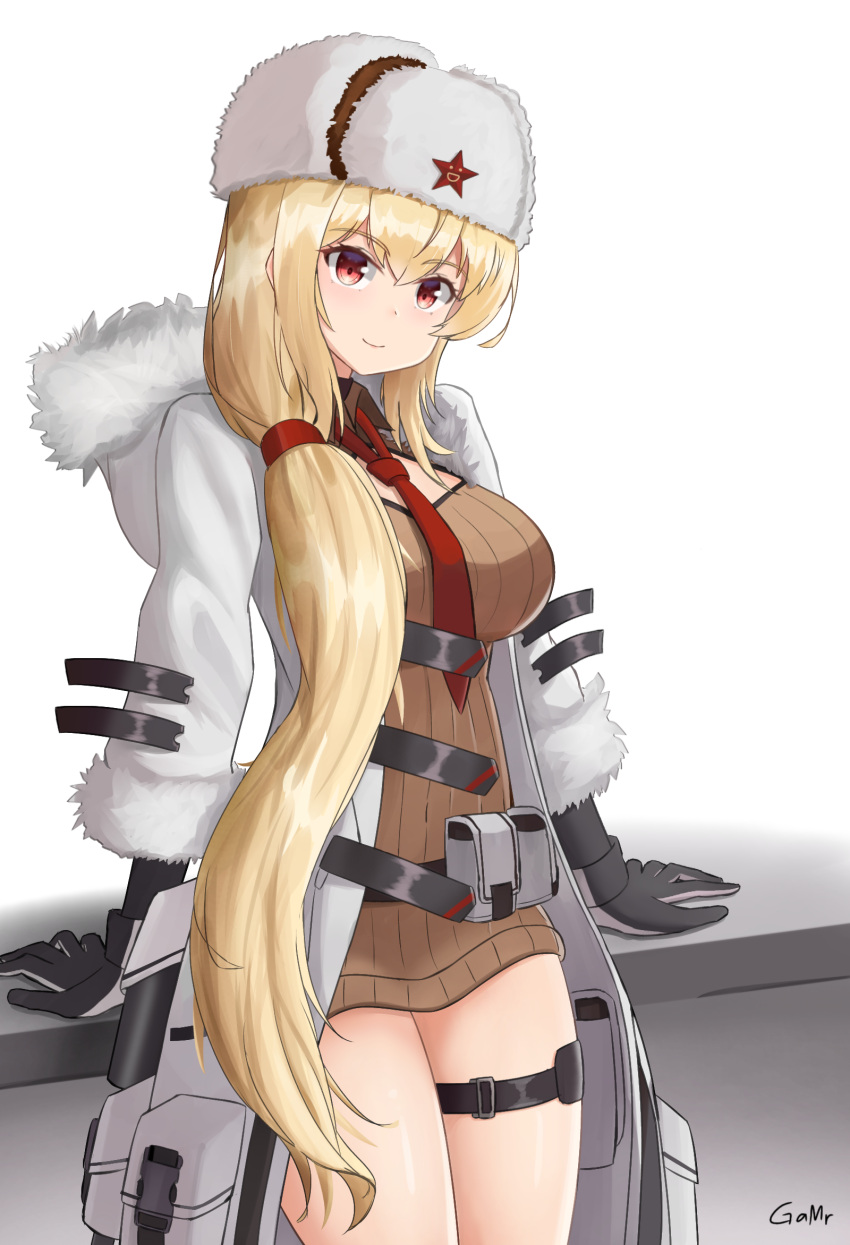 arms_behind_back artist_name belt_bag black_gloves blonde_hair blush breasts brown_sweater closed_mouth coat cosplay english_commentary feet_out_of_frame female fur-trimmed_coat fur-trimmed_sleeves fur_hat fur_trim gamryous girls'_frontline gloves hair_over_shoulder hat hat_ornament highres long_hair long_sleeves looking_at_viewer medium_breasts mosin-nagant_(girls'_frontline) mosin-nagant_(girls'_frontline)_(cosplay) mosin-nagant_(mod3)_(girls'_frontline) necktie open_clothes open_coat papakha red_eyes red_necktie red_star smile solo standing star_(symbol) star_hat_ornament sv-98_(girls'_frontline) sweater white_background white_coat white_hat