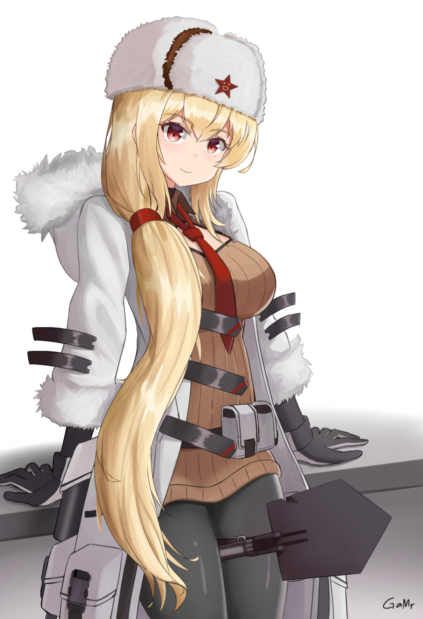 arms_behind_back artist_name belt_bag black_gloves black_pantyhose blonde_hair blush breasts brown_sweater closed_mouth coat cosplay english_commentary feet_out_of_frame female fur-trimmed_coat fur-trimmed_sleeves fur_hat fur_trim gamryous girls'_frontline gloves hat hat_ornament highres long_hair long_sleeves looking_at_viewer medium_breasts mosin-nagant_(girls'_frontline) mosin-nagant_(girls'_frontline)_(cosplay) mosin-nagant_(mod3)_(girls'_frontline) necktie open_clothes open_coat pantyhose papakha red_eyes red_necktie red_star shovel smile solo standing star_(symbol) star_hat_ornament sv-98_(girls'_frontline) sweater white_background white_coat white_hat