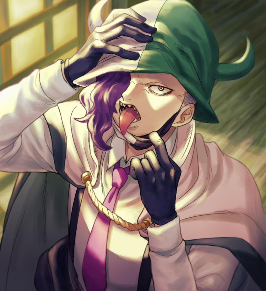 1boy black_gloves coat coat_on_shoulders dinosaur_boy from_above gloves hair_over_one_eye hand_on_own_head highres horns living_(pixiv5031111) looking_at_viewer male_focus mask mask_pull mouth_mask necktie one_piece page_one_(one_piece) purple_hair sharp_teeth short_hair solo teeth tongue tongue_out