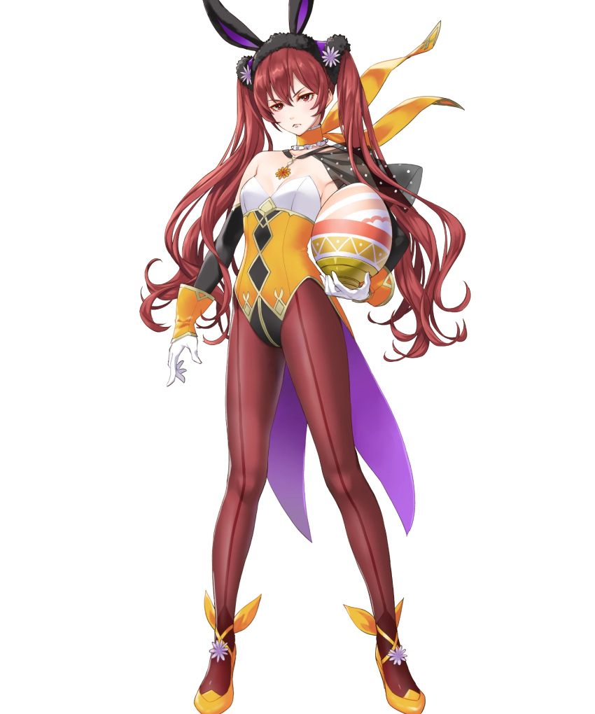 animal_ears breasts choker closed_mouth egg fake_animal_ears female fire_emblem fire_emblem_awakening fire_emblem_heroes gloves hair_ornament high_heels highres holding kaya8 leotard lips long_hair looking_at_viewer medium_breasts non-web_source official_art pantyhose playboy_bunny rabbit_ears red_eyes red_hair see-through serious severa_(fire_emblem) severa_(spring)_(fire_emblem) solo standing strapless strapless_leotard transparent_background twintails