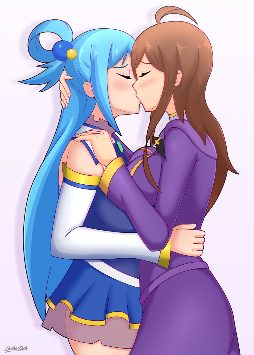 2girls absurdres ahoge aqua_(konosuba) artist_name blue_hair blue_skirt blush breasts brown_hair closed_eyes commentary_request dress hair_bobbles hair_ornament hand_on_another's_head hand_on_another's_hip hand_on_another's_shoulder highres hug kissing kono_subarashii_sekai_ni_shukufuku_wo! lackatask large_breasts long_hair miniskirt multiple_girls no_panties purple_dress simple_background skirt standing white_background wiz_(konosuba) yuri