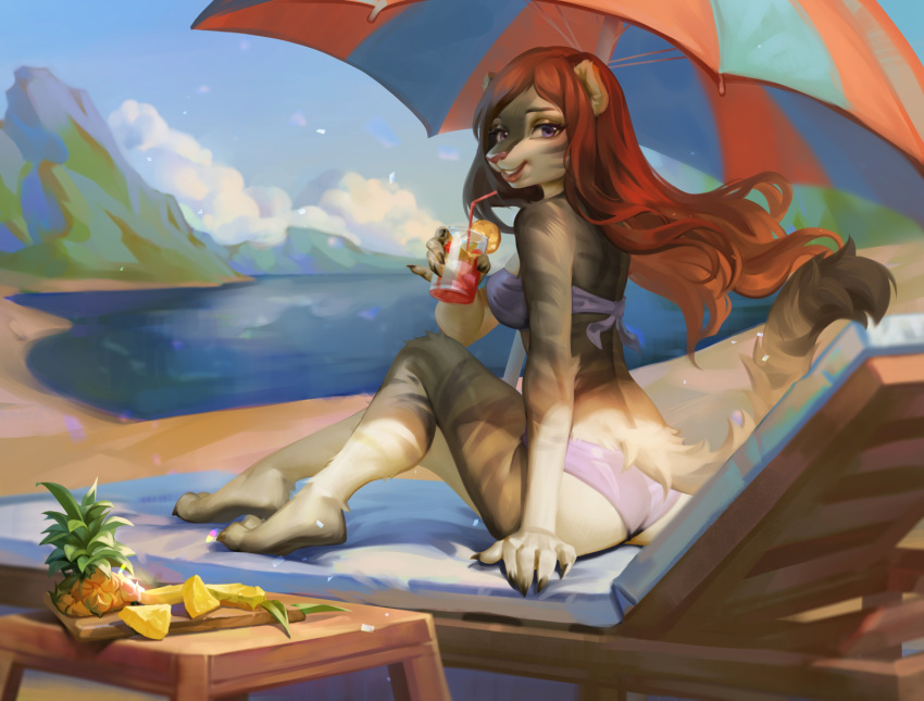 alcohol anthro ass avora_kuma beach beverage bikini chair clothing cloud container cup domestic_cat felid feline felis female food fruit furniture glass glass_container glass_cup hi_res looking_at_viewer lounge_chair mammal mountain_range outside pantherine pineapple plant relaxing sand savrasova seaside sky solo swimwear tiger umbrella water