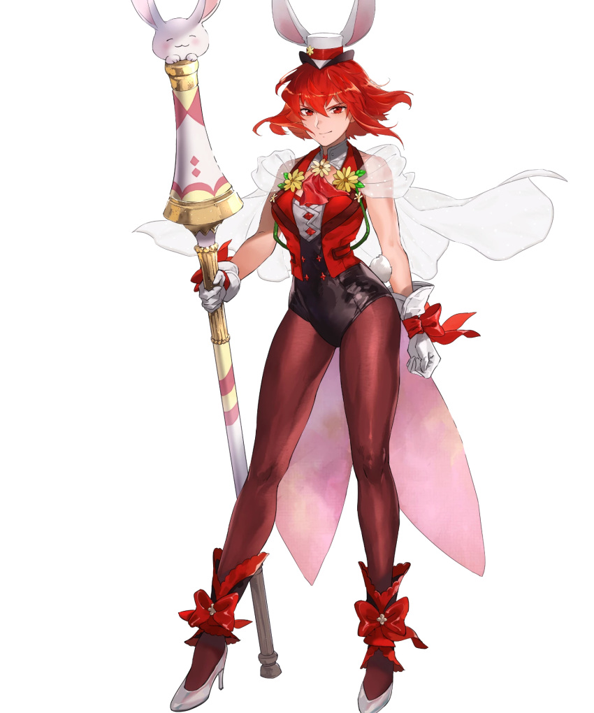 breasts capelet clenched_hand closed_mouth female fire_emblem fire_emblem:_mystery_of_the_emblem fire_emblem_heroes flower full_body gloves hat high_heels highres holding leotard looking_at_viewer mayo_(becky2006) medium_breasts minerva_(fire_emblem) minerva_(spring)_(fire_emblem) mini_hat non-web_source official_art pantyhose polearm rabbit_tail red_eyes red_hair see-through short_hair sleeveless smile solo standing tail transparent_background weapon white_footwear white_gloves