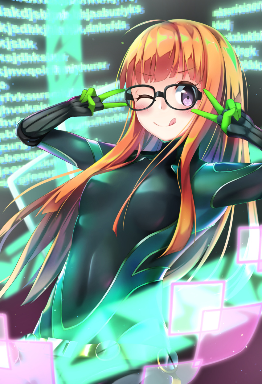 ;q ahoge bananatsukis black-framed_eyewear black_bodysuit bodysuit breasts brown_hair covered_navel double_v female glasses highres long_hair looking_at_viewer one_eye_closed persona persona_5 purple_eyes sakura_futaba small_breasts solo straight_hair tongue tongue_out v very_long_hair