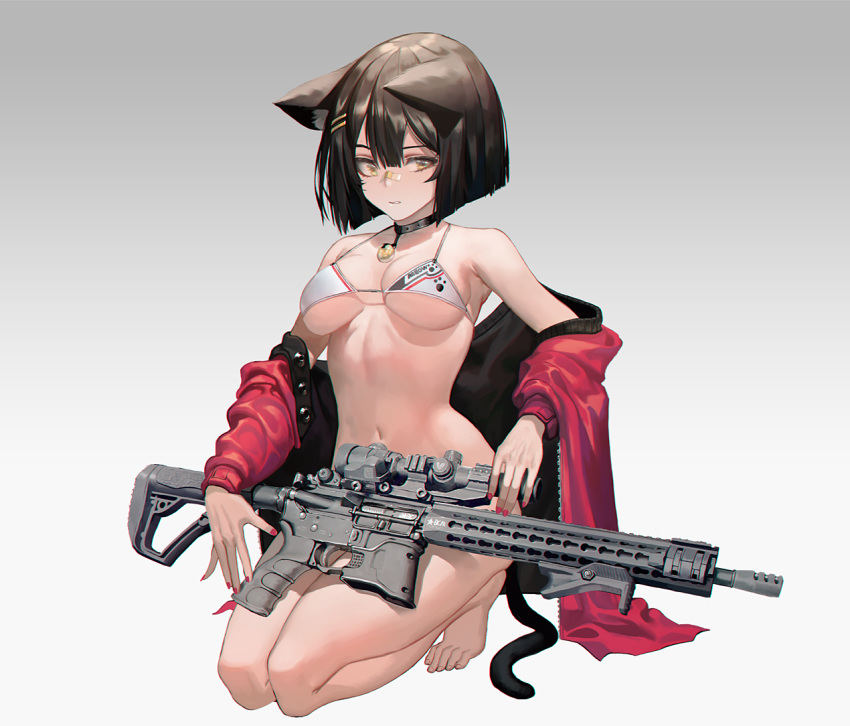 animal_ears ar-15 bare_shoulders barefoot bell bikini black_hair blush bob_cut breasts brown_eyes cat_ears cat_girl cat_tail choker clenched_teeth collarbone commentary_request female gun hair_between_eyes hair_ornament hairclip halterneck holding holding_gun holding_weapon ihobus jacket jingle_bell kneeling long_sleeves looking_at_viewer medium_breasts navel neck_bell off_shoulder open_clothes open_jacket original parted_lips paw_print red_jacket red_nails rifle scope short_hair simple_background solo stomach swimsuit tail teeth weapon white_bikini