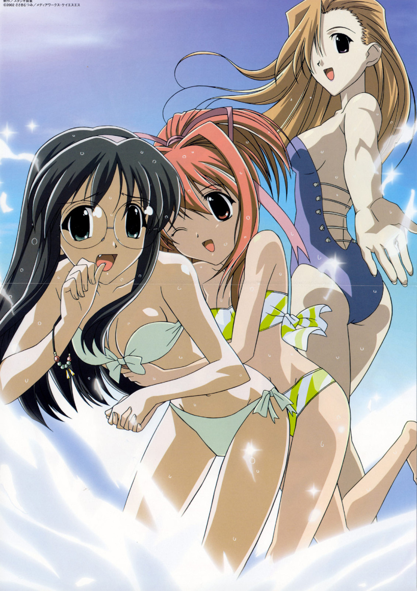 3girls artist_request bandeau bikini black_hair brown_hair crease day glomp happy_lesson highres hug hug_from_behind long_hair multiple_girls nanakorobi_fumitsuki photoshop_(medium) red_hair rokumatsuri_minazuki scan swimsuit water yazakura_hazuki