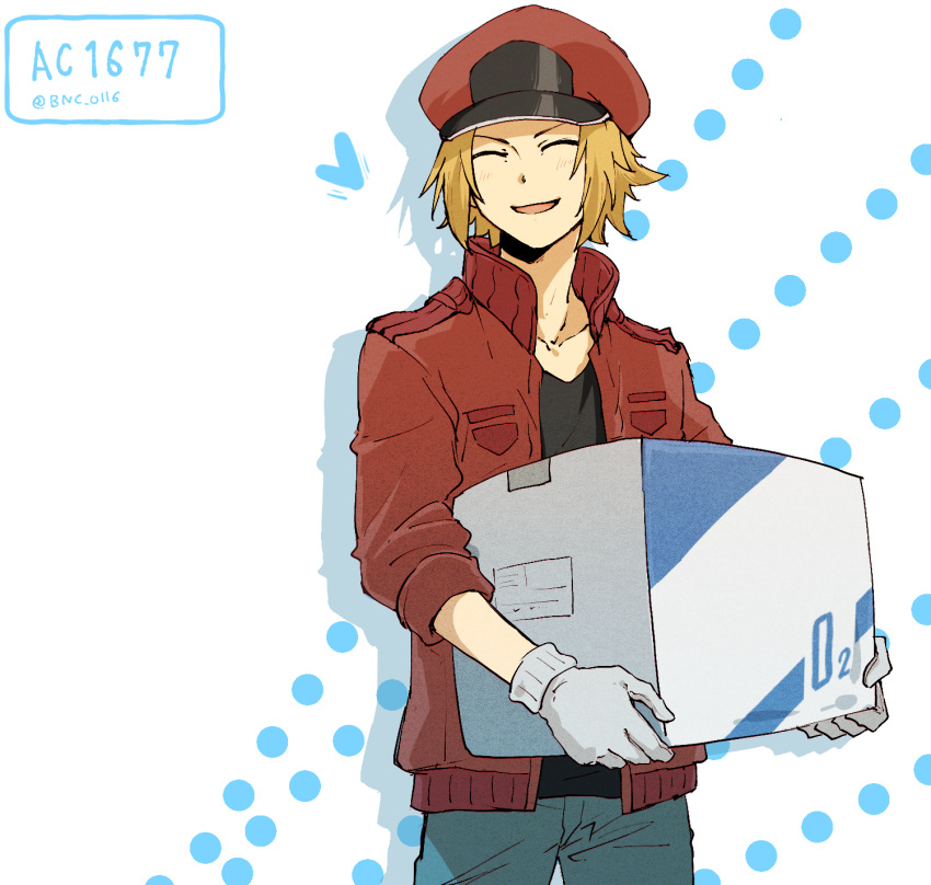 1boy ac-1677 banchii black_shirt blonde_hair blue_pants box cabbie_hat character_name closed_eyes cowboy_shot gloves hat hataraku_saibou hataraku_saibou_black heart highres holding holding_box jacket male_focus pants red_headwear red_jacket shirt simple_background standing white_gloves