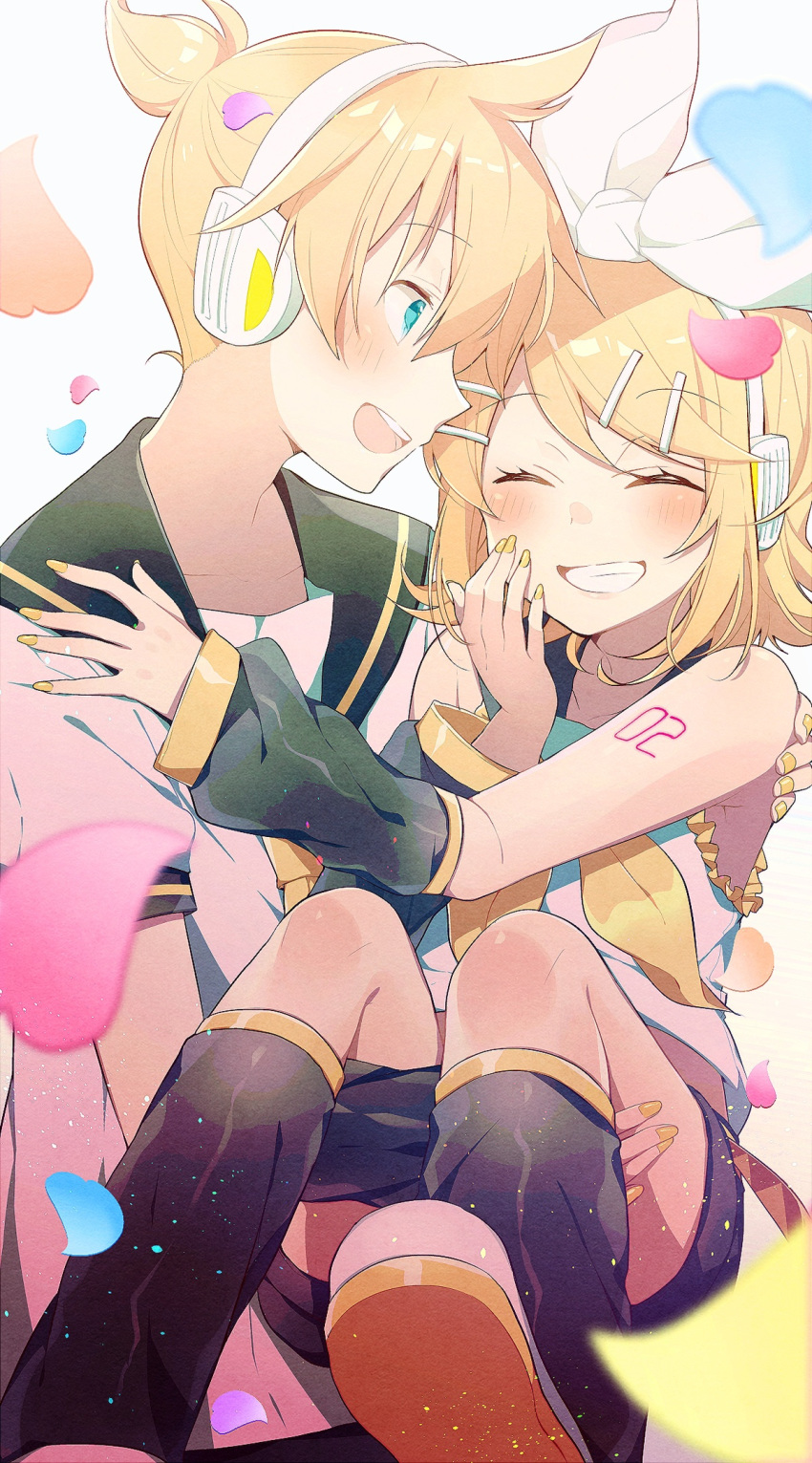 1boy arm_warmers asagao_minoru bare_shoulders black_sailor_collar blonde_hair blue_eyes blush bow brother_and_sister carrying closed_eyes commentary female grin hair_ornament hairbow hairclip hand_on_another's_shoulder hand_to_own_mouth happy headphones heart-shaped_petals highres kagamine_len kagamine_rin leg_warmers looking_at_viewer nail_polish neckerchief necktie open_mouth petals princess_carry sailor_collar school_uniform shirt short_hair short_ponytail short_sleeves shoulder_tattoo siblings smile spiked_hair swept_bangs tattoo twins upper_body vocaloid white_bow white_shirt yellow_nails yellow_neckerchief yellow_necktie