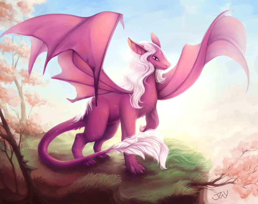 branch dragon female feral grass hair hi_res horn mythological_creature mythological_scalie mythology outside pink_eyes plant scalie solo tail tree twymouse white_hair wings