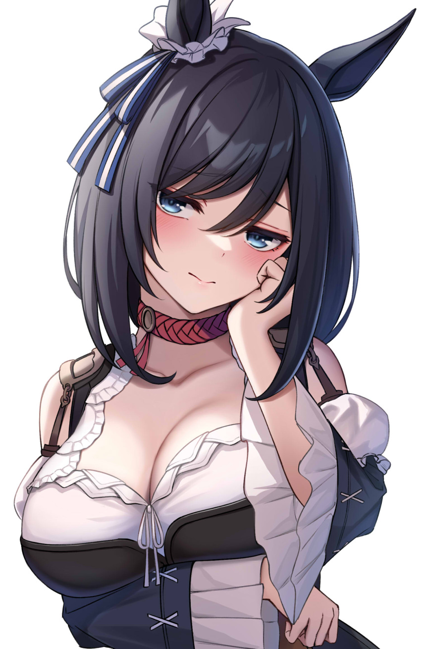 animal_ears black_hair blue_eyes blue_ribbon blue_sleeves breasts cleavage closed_mouth commentary ear_ribbon eishin_flash_(umamusume) female hair_between_eyes highres horse_ears horse_girl large_breasts looking_at_viewer official_alternate_hairstyle ribbon short_hair simple_background solo swept_bangs umamusume upper_body white_background ym_(distance819)