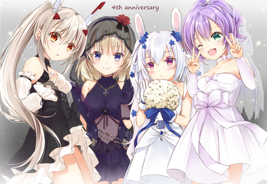 4girls ;d animal_ears ayanami_(azur_lane) ayanami_(nightfall_raiment)_(azur_lane) azur_lane bare_shoulders black_bow black_dress blonde_hair blue_bow blue_flower blue_ribbon bouquet bow breasts bridal_veil cleavage clothing_cutout cross detached_sleeves double_v dress fake_animal_ears flower gloves green_eyes grey_background hair_flower hair_ornament headgear high_ponytail highres holding holding_bouquet iron_cross javelin_(azur_lane) javelin_(blissful_purity)_(azur_lane) laffey_(azur_lane) laffey_(white_rabbit's_oath)_(azur_lane) light_brown_hair long_hair looking_at_viewer maya_(tirolpop) medium_breasts medium_hair multiple_girls odd_one_out official_alternate_costume one_eye_closed open_mouth orange_eyes ponytail purple_dress purple_eyes purple_hair rabbit_ears red_flower red_rose ribbon rose see-through simple_background sleeveless sleeveless_dress small_breasts smile stomach_cutout strapless strapless_dress turtleneck turtleneck_dress upper_body v veil wedding_dress white_dress white_gloves white_hair white_sleeves z23_(azur_lane) z23_(schwarze_hochzeit)_(azur_lane)