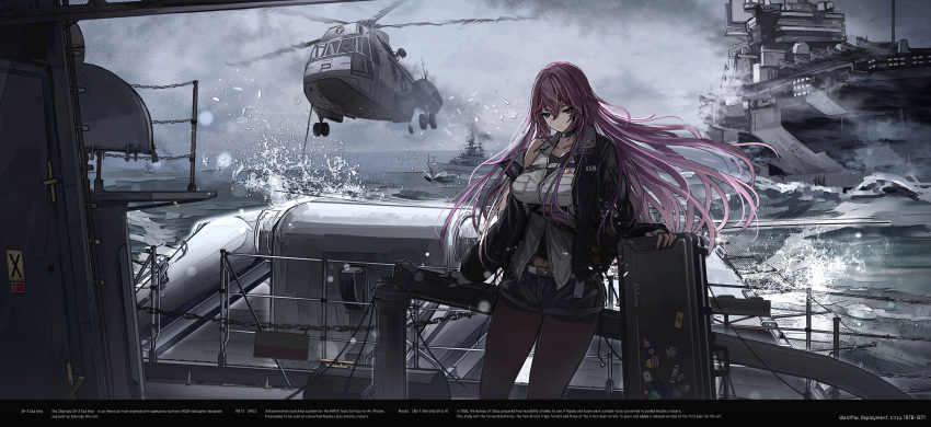 absurdres aircraft aircraft_carrier airplane alaska_(warship_girls_r) alternate_costume belt black_jacket black_pantyhose black_shorts breasts chinese_commentary commentary_request cowboy_shot english_text f-4_phantom_ii female fighter_jet haguruma_c helicopter highres jacket jet long_hair military military_vehicle navel open_clothes open_jacket pantyhose purple_eyes purple_hair ship shirt shorts sikorsky_sh-3_sea_king solo warship warship_girls_r watercraft white_shirt