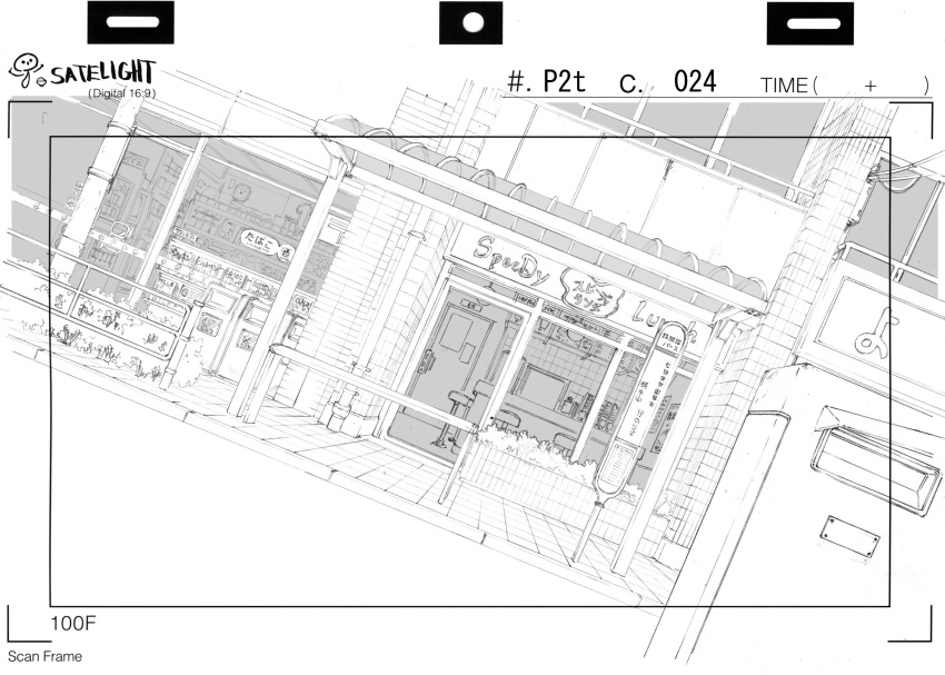 bus_stop cafe english_text graphite_(medium) greyscale highres line_art mixed-language_commentary monochrome no_humans official_art persona persona_2 persona_2_tsumi production_art scenery shop storyboard traditional_media yann_le_gall