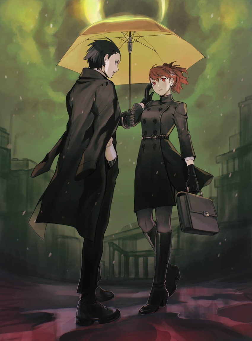 1boy bag black_coat black_dress black_footwear black_gloves black_hair black_legwear boots buttons coat coat_on_shoulders double-breasted dress dress_shoes eclipse female gloves hair_ornament hair_slicked_back hairclip hand_in_pocket high_ponytail highres holding holding_bag holding_umbrella long_sleeves mochizuki_ryouji neekosiah pantyhose persona persona_3 persona_3_portable puddle red_eyes red_hair shared_umbrella shiomi_kotone socks solar_eclipse umbrella x_hair_ornament yellow_umbrella