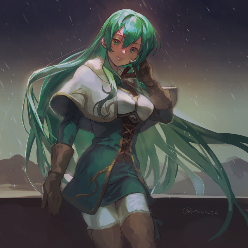 arm_up boots dress erinys_(fire_emblem) female fire_emblem fire_emblem:_genealogy_of_the_holy_war gloves green_eyes green_hair highres long_hair looking_at_viewer pants picnicic snow snowing thigh_boots thighhighs very_long_hair