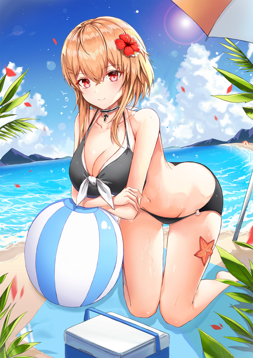 absurdres ass ass_visible_through_thighs bad_id bad_pixiv_id ball beach beach_towel beach_umbrella beachball bikini black_bikini blue_oath breasts brown_hair cleavage closed_mouth cloud cooler cross day female flower hair_flower hair_ornament hairclip highres jewelry kneeling large_breasts layered_bikini leaf leaning_forward lens_flare looking_at_viewer mountain mountainous_horizon navel necklace neon_(hhs9444) o-ring o-ring_bikini o-ring_bottom ocean outdoors petals photoshop_(medium) prinz_eugen_(blue_oath) red_eyes sidelocks sky smile solo starfish sun sunlight swimsuit thigh_gap thighs towel umbrella