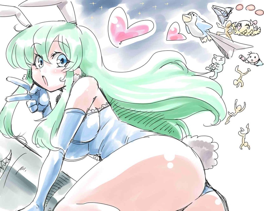 animal_ears ass blue_leotard breasts elbow_gloves female gloves green_hair hikaru_(parodius) leotard long_hair looking_at_viewer open_mouth parodius playboy_bunny rabbit_ears rabbit_tail tail tukiwani