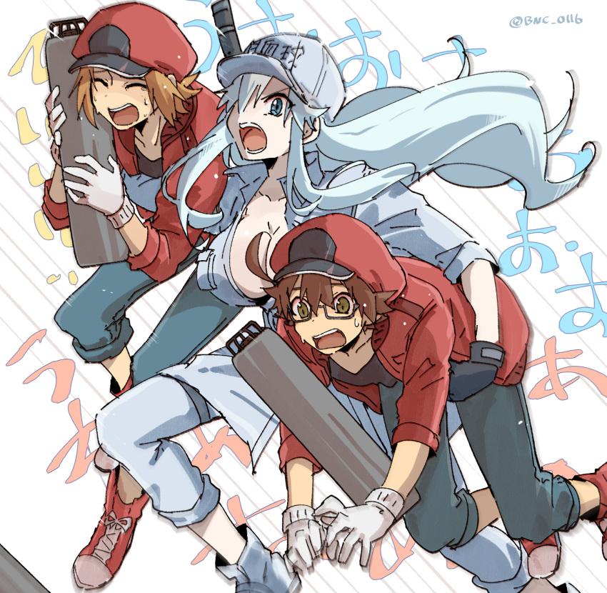 2boys :o aa-2153 ac-1677 ahoge banchii baseball_cap black_gloves blue_eyes breasts brown_eyes brown_hair cabbie_hat canister carrying carrying_under_arm cleavage closed_eyes commentary_request cosplay female glasses gloves grey_hair hair_over_one_eye hat hataraku_saibou hataraku_saibou_black highres jacket large_breasts long_hair multiple_boys no_bra open_mouth red_blood_cell_(hataraku_saibou) red_blood_cell_(hataraku_saibou)_(cosplay) red_footwear red_headwear red_jacket running shirt short_hair simple_background sweat twitter_username u-1196 white_background white_blood_cell_(hataraku_saibou) white_gloves white_shirt