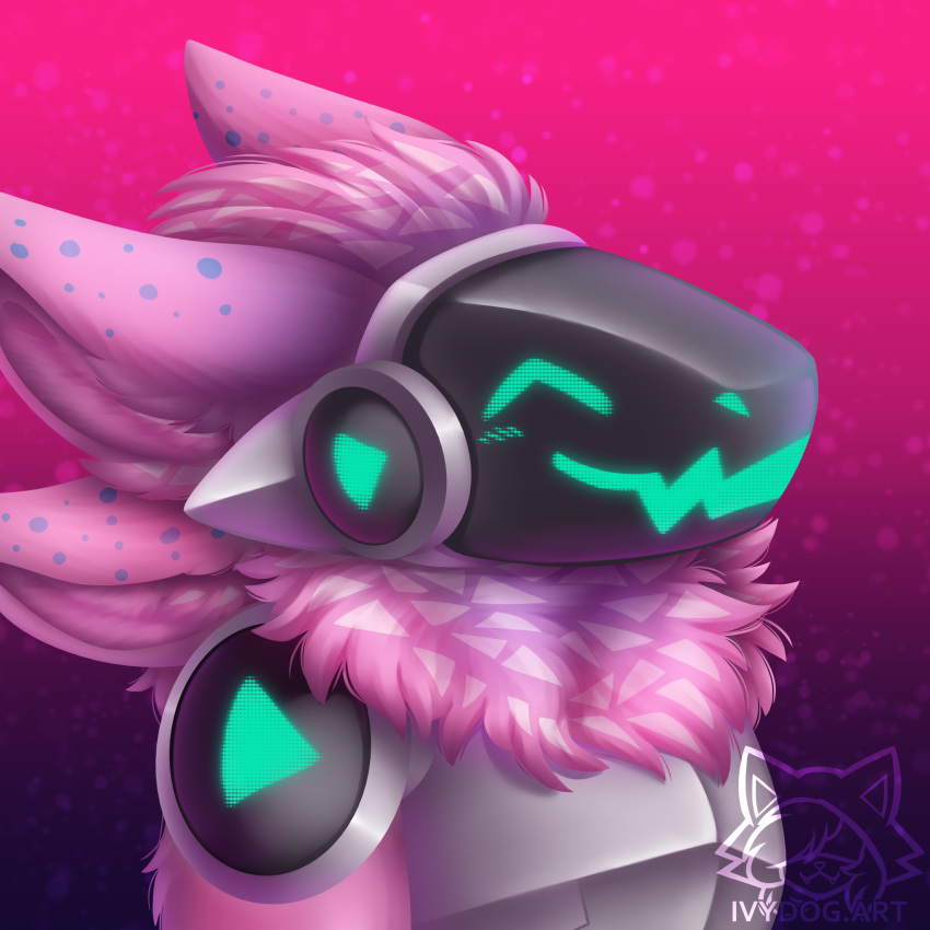 1:1 4_ears anthro blue_background blush blush_lines digital_media_(artwork) digital_painting_(artwork) fluffy fur gradient_background gradient_fur hi_res kiwifox_(artist) machine multi_ear multicolored_body multicolored_fur neck_tuft pink_background pink_body pink_fur protogen protogen_visor screen screen_face screentone simple_background smile solo tuft watermark