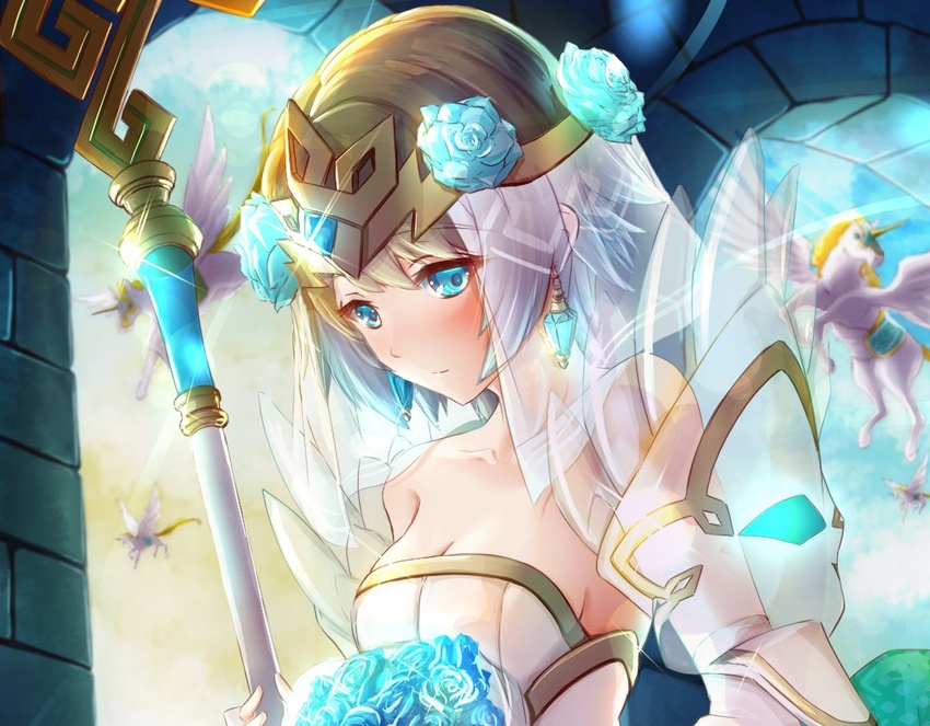 aqua_hair blonde_hair blue_eyes bouquet breasts bridal_veil clear_glass_(mildmild1311) cleavage collarbone detached_sleeves earrings female fire_emblem fire_emblem_heroes fjorm_(bridal)_(fire_emblem) fjorm_(fire_emblem) gold_trim holding holding_bouquet holding_staff jewelry medium_breasts multicolored_hair official_alternate_costume pegasus solo staff tiara veil