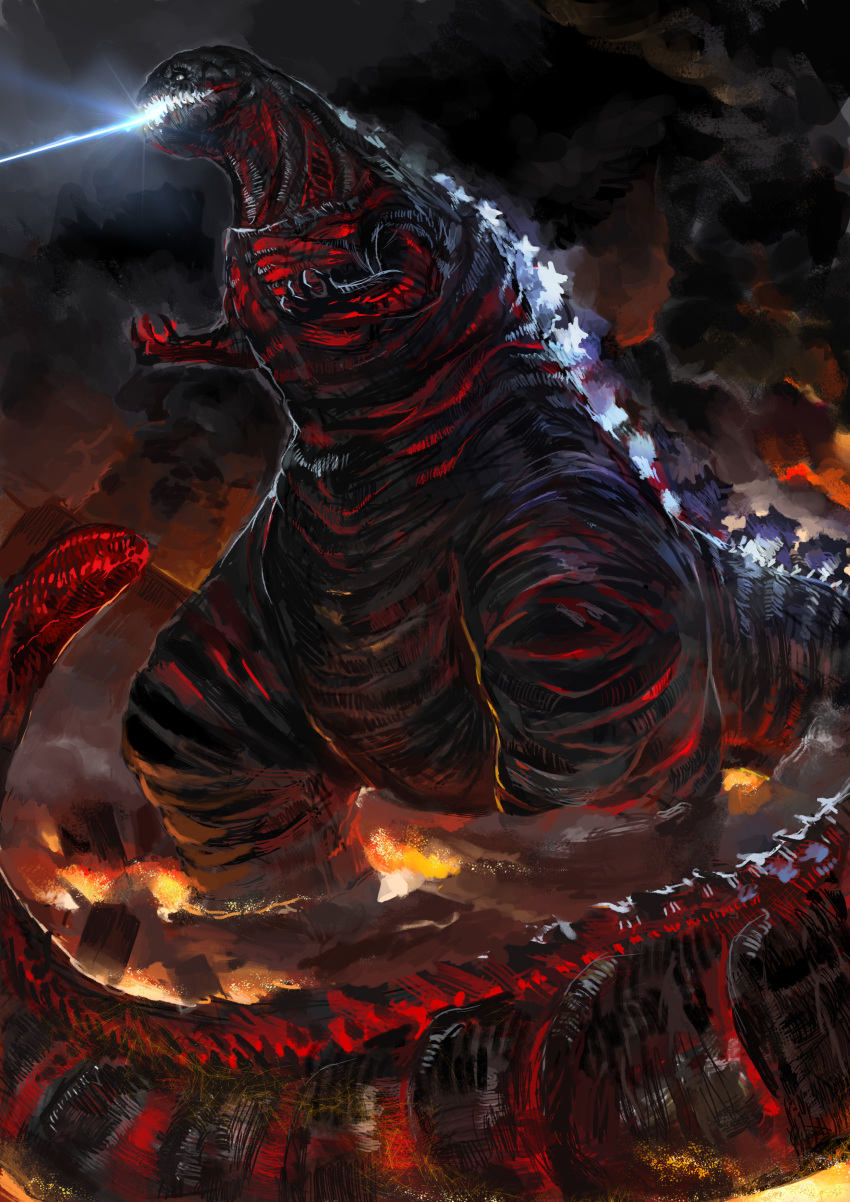 absurdres black_clouds dinosaur fire godzilla godzilla_(series) godzilla_(shin) highres kaijuu laser monster no_humans open_mouth photoshop_(medium) rii2 shin_godzilla smoke standing tail teeth