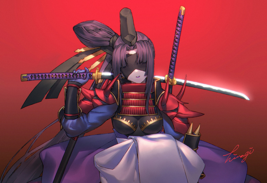 armor black_hair black_hat blindfold breasts cone_hair_bun fate/grand_order fate_(series) female hair_bun hat hiiragi_(karashriker) hikimayu japanese_armor katana kote kurokote kusazuri mask_on_shoulder medium_breasts purple_lips shoulder_armor solo sword taira_no_kagekiyo_(fate) tate_eboshi ushiwakamaru_(fate) weapon