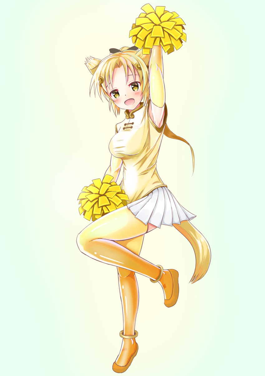 anima_yell! anklet arm_up armpits bad_id bad_pixiv_id blonde_hair blush breasts cheerleader commentary_request cosplay female full_body golden_snub-nosed_monkey_(kemono_friends) golden_snub-nosed_monkey_(kemono_friends)_(cosplay) head_tilt highres jewelry kemono_friends leg_up long_hair medium_breasts monkey_tail orange_footwear pleated_skirt pom_pom_(cheerleading) ponytail sawatari_uki shirt skirt sleeveless sleeveless_shirt solo tail white_skirt yellow_eyes yellow_legwear yellow_shirt yuutopia