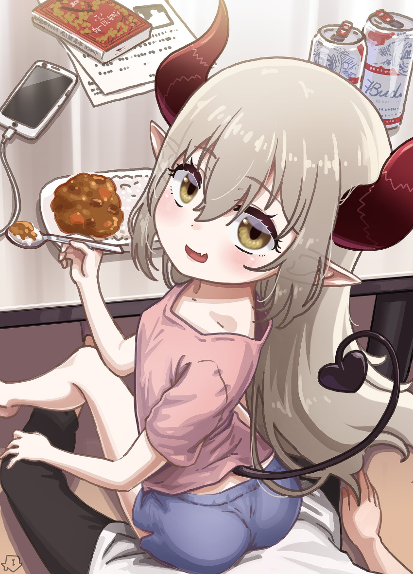 1boy ass bare_legs beer_can blush breasts brown_eyes can cellphone curled_horns curry curry_rice demon_girl demon_horns demon_tail drink_can emma_august eyeharmheart female food grey_hair hair_between_eyes highres horns looking_at_viewer looking_back nijisanji oerba_yun_fang open_mouth petite phone pointy_ears red_horns rice shirt short_shorts shorts sitting sitting_on_lap sitting_on_person size_difference skin_fang small_breasts smartphone smile spoon t-shirt table tail tareme virtual_youtuber