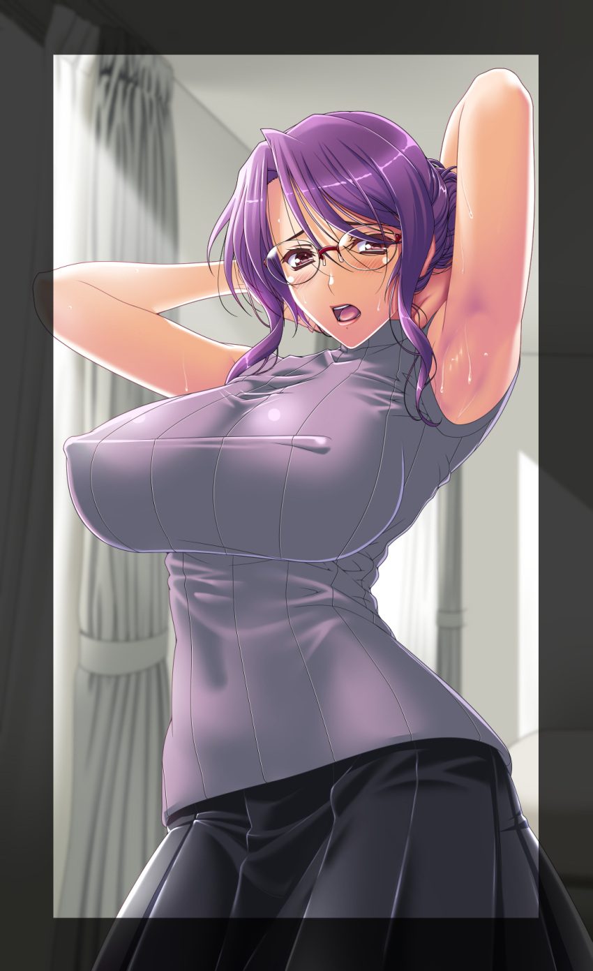 armpits arms_up black_skirt border breasts commentary_request covered_nipples curtains female glasses grey_sweater hair_bun highres indoors large_breasts lips looking_at_viewer mizoro_tadashi mole mole_under_mouth open_mouth original pleated_skirt purple_eyes purple_hair sidelocks single_hair_bun skirt sleeveless sleeveless_turtleneck solo standing sunlight sweat sweater turtleneck turtleneck_sweater window