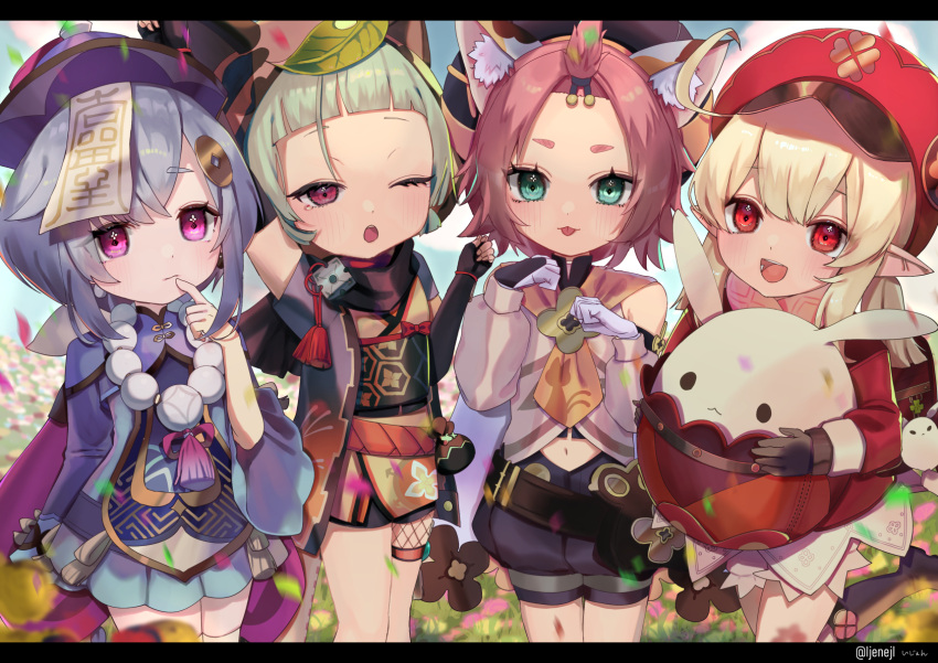 4girls :3 :d :p ahoge animal_ear_fluff animal_ears animal_hood arm_guards arm_up backpack bag bag_charm bangs_pinned_back bead_necklace beads black_gloves black_scarf black_shorts blonde_hair bloomers blunt_bangs blurry boots brown_footwear brown_gloves brown_scarf cabbie_hat cape carrying cat_ears cat_girl charm_(object) chinese_clothes clover_print coat coin_hair_ornament commentary_request depth_of_field detached_sleeves diona_(genshin_impact) dodoco_(genshin_impact) fake_animal_ears field finger_to_mouth fingerless_gloves flower flower_field forehead genshin_impact gloves green_eyes grey_hair hair_between_eyes hair_ornament hat hat_feather hat_ornament highres hood ijen_(ljenejl) index_finger_raised japanese_clothes jewelry jiangshi jumpy_dumpty klee_(genshin_impact) knee_boots kneehighs leaf leaf_on_head light_brown_hair lolicon long_hair long_sleeves looking_at_viewer low_twintails multiple_girls navel necklace ninja obi ofuda one_eye_closed open_mouth parted_lips paw_pose petals pink_hair pocket pointy_ears pouch puffy_detached_sleeves puffy_shorts puffy_sleeves purple_eyes purple_hair qingdai_guanmao qiqi_(genshin_impact) raccoon_ears randoseru red_coat red_eyes red_headwear sash sayu_(genshin_impact) scarf short_hair shorts shuriken sidelocks smile socks standing standing_on_one_leg thick_eyebrows thighhighs tongue tongue_out twintails underwear vision_(genshin_impact) weapon white_gloves white_legwear wind