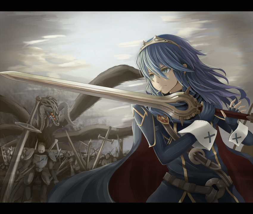 armor army blue_eyes blue_hair cape commentary_request dragon falchion_(fire_emblem) female fiction_(forged) fingerless_gloves fire_emblem fire_emblem_awakening gloves grima_(fire_emblem) long_hair lucina_(fire_emblem) nintendo sword tiara weapon