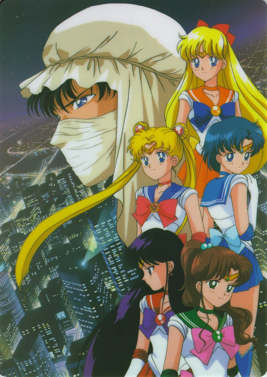 absurdres aino_minako bishoujo_senshi_sailor_moon chiba_mamoru city highres hino_rei kazu. kino_makoto mizuno_ami moonlight_knight night official_art sailor_jupiter sailor_mars sailor_mercury sailor_moon sailor_venus skyline tsukino_usagi