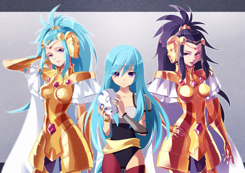 3girls armor blue_hair cape commentary_request gemini_paradox gold_armor gold_saint holding holding_mask long_hair looking_at_viewer mask multiple_girls multiple_persona pantyhose purple_eyes purple_hair saint_seiya saint_seiya_omega smile sun_trial tears