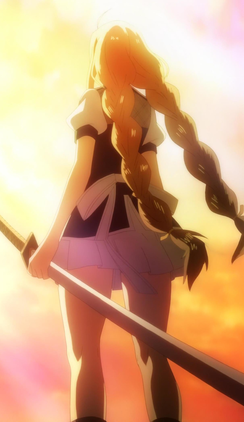 anime_screenshot braid female from_behind highres long_hair pleated_skirt rakudai_kishi_no_cavalry school_uniform skirt sword toudou_touka twin_braids very_long_hair weapon