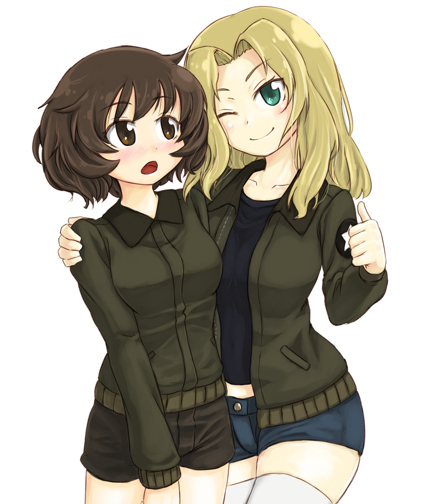 2girls absurdres akiyama_yukari alternate_costume arm_around_shoulder blonde_hair blue_eyes blush brown_eyes brown_hair commentary_request cowboy_shot embarrassed girls_und_panzer highres jacket kay_(girls_und_panzer) long_hair long_sleeves looking_at_viewer midriff military military_uniform multiple_girls one_eye_closed ringoanu saunders_school_uniform school_uniform shirt short_hair short_shorts shorts smile thighhighs thumbs_up uniform white_background white_legwear